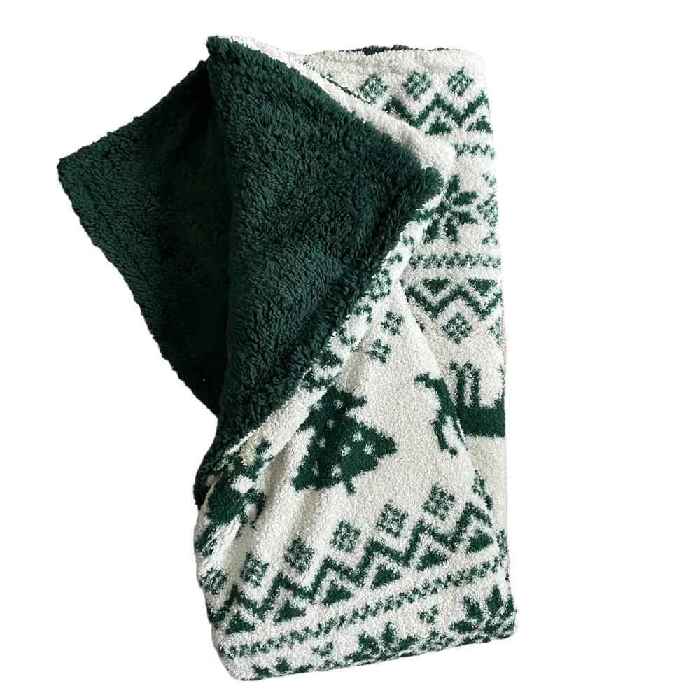 CYNTHIA ROWLEY Christmas Feather Knit Throw 50X60 Reindeer Holiday Green NEW